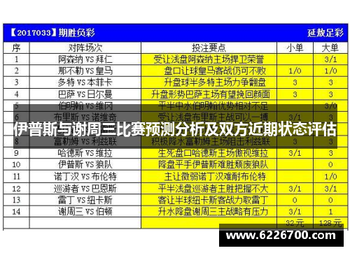 伊普斯与谢周三比赛预测分析及双方近期状态评估